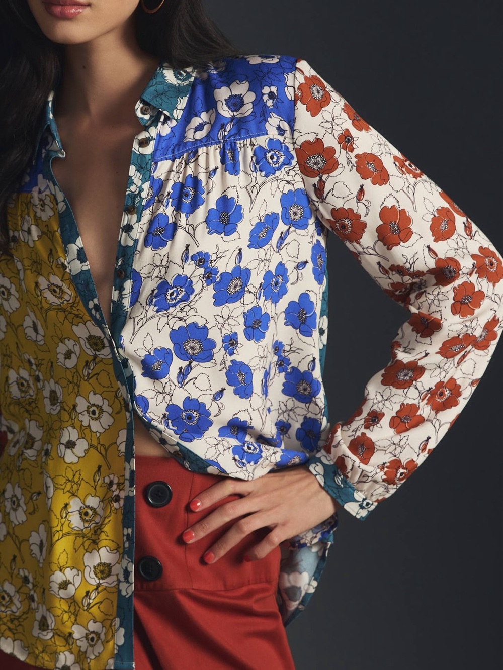 Anthropologie Maeve Paz Alida Contrast Floral Patchwork Buttondown Blouse XXSP - Picture 2 of 16